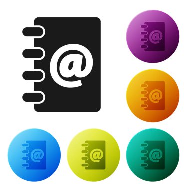 Siyah adres defteri simgesi beyaz arka planda yalıtılmış. Defter, adres, iletişim, dizin, telefon, telefon rehberi simgesi. Simgeler renkli daire düğmelerini ayarlayın. Vektör Illustration