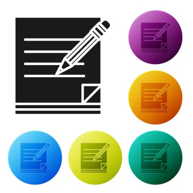 Siyah boş Notebook ve kalem beyaz arka planda izole silgi simgesi ile. Kağıt ve kalem. Simgeler renkli daire düğmelerini ayarlayın. Vektör Illustration