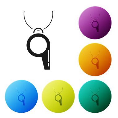 Siyah düdük simgesi beyaz arka planda izole. Hakem sembolü. Fitness ve spor işareti. Simgeler renkli daire düğmelerini ayarlayın. Vektör Illustration