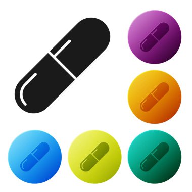 Siyah tıp hap veya Tablet simgesi beyaz arka planda izole. Kapsül hap ve uyuşturucu işareti. Eczane tasarımı. Simgeler renkli daire düğmelerini ayarlayın. Vektör Illustration