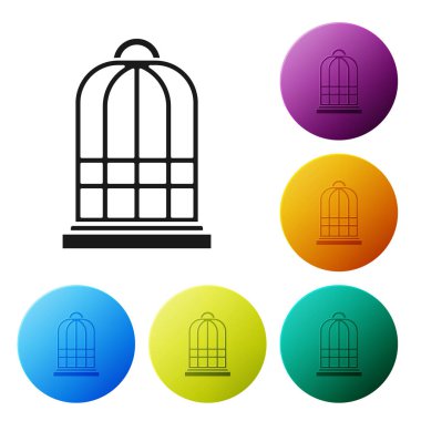 Siyah Cage kuşlar simgesi beyaz arka planda izole. Simgeler renkli daire düğmelerini ayarlayın. Vektör Illustration