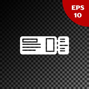 Beyaz seyahat bilet simgesi şeffaf koyu arka planda izole. Tren, gemi, uçak, tramvay, otobüs taşımacılığı. Seyahat hizmeti konsepti. Vektör Illustration