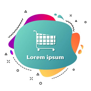 Beyaz alışveriş sepeti simgesi beyaz arka planda yalıtılmış. Online satın alma kavramı. Teslimat hizmeti işareti. Süpermarket sepeti sembolü. Sıvı şekiller ile soyut afiş. Vektör Illustration