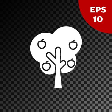 Beyaz Ağaç şeffaf koyu arka planda izole elma simgesi ile. Tarım fabrikası. Organik çiftlik ürünü. Bahçe teması. Vektör Illustration
