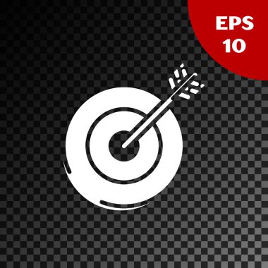 Beyaz hedef simgesi şeffaf koyu arka planda yalıtılmış. Yatırım hedef simgesi. Başarılı iş konsepti. Nakit veya para işareti. Vektör Illustration