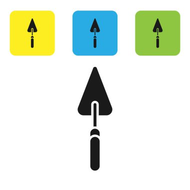 Siyah Bahçe mala Spade veya kürek simgesi beyaz arka planda izole. Bahçe aracı. Bahçecilik, tarım, Tarım için araç. Set simgeleri renkli kare düğmeler. Vektör Illustration