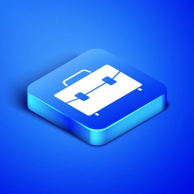 Mavi arka planda yalıtılmış izometrik evrak çantası simgesi. İş davası işareti. İş portföyü. Mavi kare düğmesi. Vektör Illustration