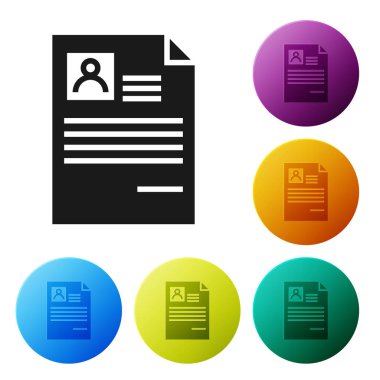Siyah Resume simgesi beyaz arka planda yalıtılmış. CV uygulaması. Profesyonel personel aranıyor. Personel Analizi devam ediyor. Simgeler renkli daire düğmelerini ayarlayın. Vektör Illustration