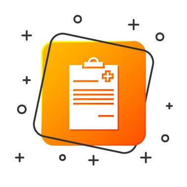 Beyaz arka planda izole klinik kayıt simgesi ile beyaz tıbbi Pano. Sağlık sigortası formu. Reçete, tıbbi kontrol işaretleri raporu. Turuncu kare düğmesi. Vektör Illustration