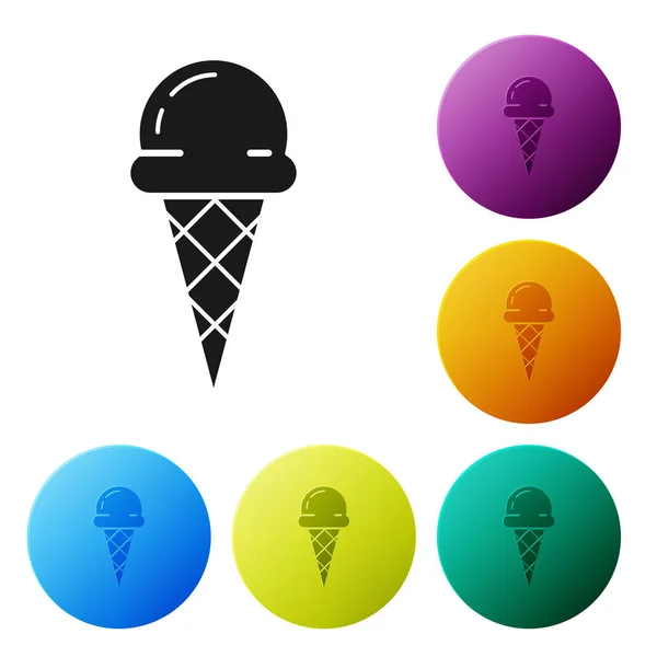 Black Ice cream in waffle cone icon isolated on white background. Sweet symbol. Set icons colorful circle buttons. Vector Illustration — Stock Vector