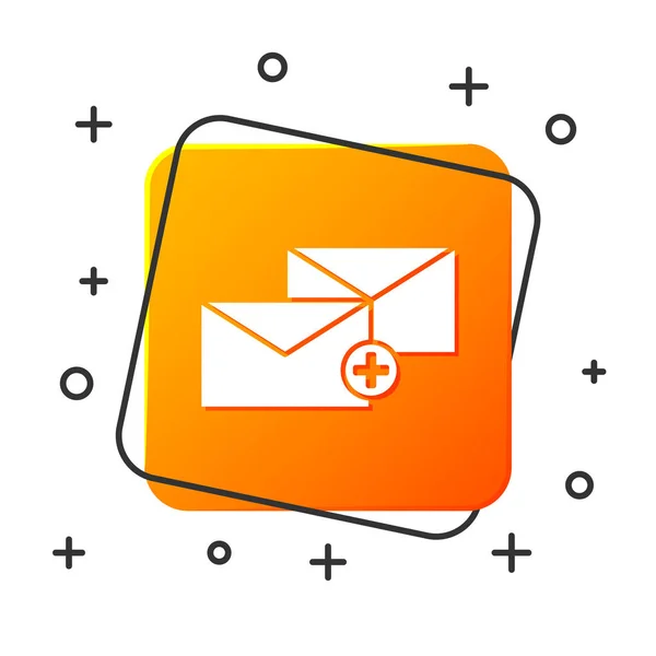 Weißes Umschlagsymbol isoliert auf weißem Hintergrund. empfangen Nachrichtenkonzept. neu, eingehende E-Mails, SMS. Postzustelldienst. orangefarbene quadratische Taste. Vektorillustration — Stockvektor