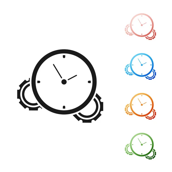 Black Time Management icon isolated on white background. Clock and gear sign. Productivity symbol. Set icons colorful. Vector Illustration — Stock Vector