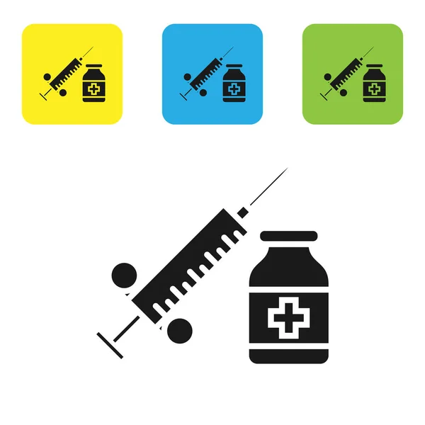 Zwarte medische spuit met naald en flacon of ampul icoon geïsoleerd op witte achtergrond. Vaccinatie, injectie, vaccin, insuline concept. Pictogrammen instellen kleurrijke vierkante knoppen. Vector illustratie — Stockvector