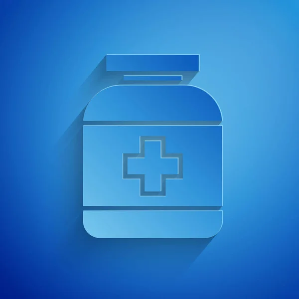 Paper cut Medicine bottle icon isolated on blue background. Bottle pill sign. Pharmacy design. Paper art style. Vector Illustration — Stock Vector
