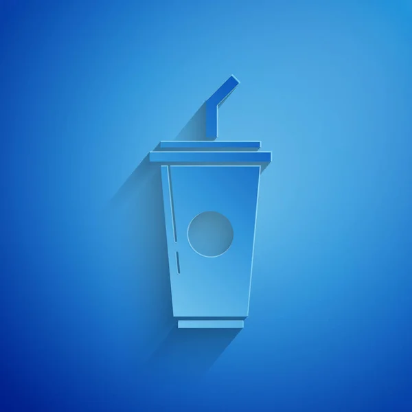 Papel cortado Cristal de papel con paja para beber e icono de agua aislado sobre fondo azul. Un vaso de refresco. Símbolo de bebida fría fresca. Estilo de arte de papel. Ilustración vectorial — Vector de stock