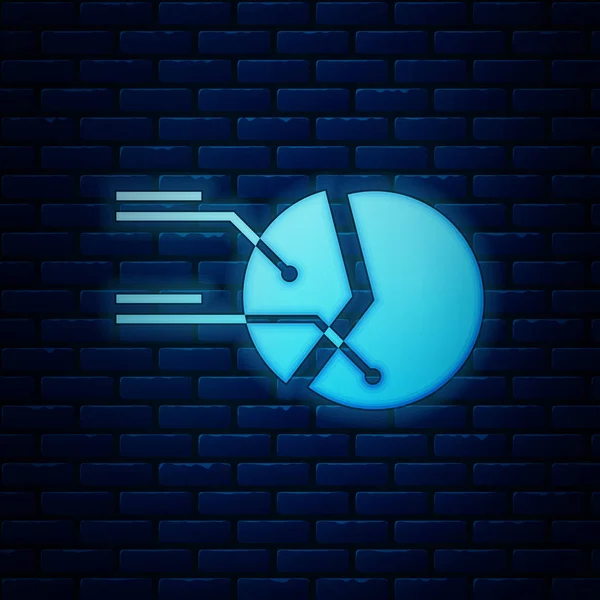 Leuchtende Neon Pie Diagramm Infografik Symbol isoliert auf Backsteinwand Hintergrund. Diagrammdiagramm-Zeichen. Vektorillustration — Stockvektor