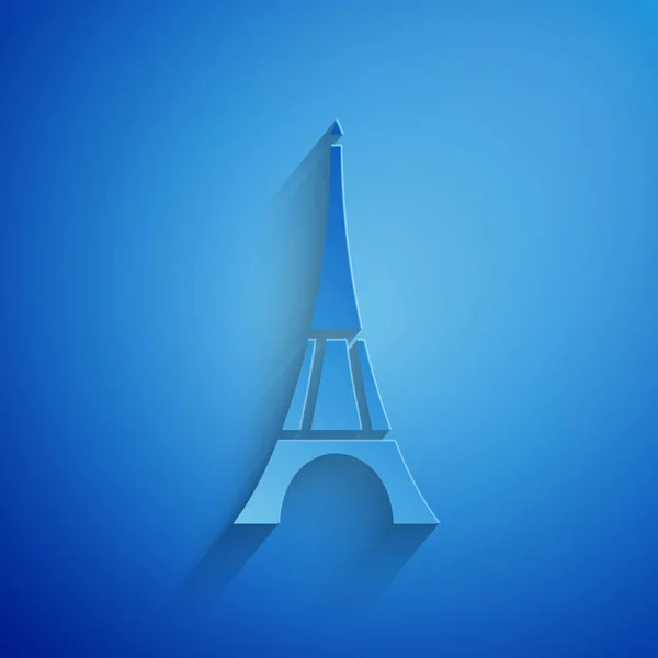 Icône tour Eiffel en papier isolé sur fond bleu. Symbole emblématique France Paris. Style art du papier. Illustration vectorielle — Image vectorielle