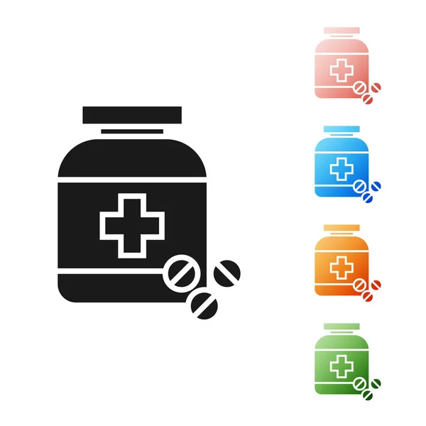 Black Medicine bottle and pills icon isolated on white background. Bottle pill sign. Pharmacy design. Set icons colorful. Vector Illustration — Stock Vector