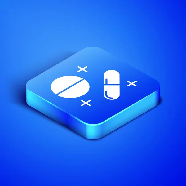 Изометрическая таблетка или значок таблетки изолированы на синем фоне. Капсула и наркотический знак. Аптечный дизайн. Синяя квадратная кнопка. Векторная миграция — стоковый вектор