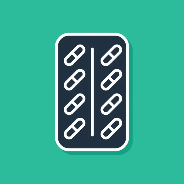 Comprimidos azuis em blister ícone pacote isolado em fundo verde. Pacote de medicamento médico para comprimido: vitamina, antibiótico, aspirina. Ilustração vetorial —  Vetores de Stock
