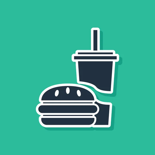 Vidrio de papel azul con paja para beber e icono de hamburguesa aislado sobre fondo verde. Signo de bebida de soda aqua. Hamburguesa, sándwich de hamburguesa con queso. Ilustración vectorial — Vector de stock
