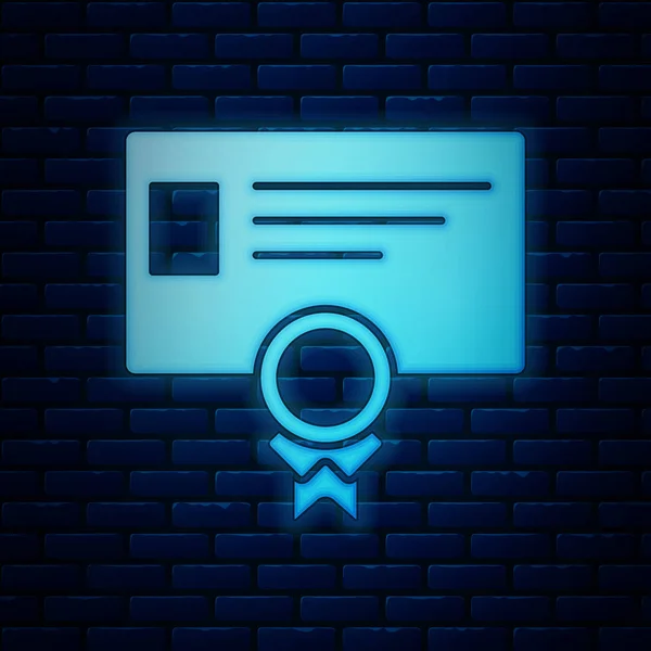 Gloeiende neon certificaatsjabloon pictogram geïsoleerd op bakstenen muur achtergrond. Prestatie, onderscheiding, diploma, subsidie, diploma concepten. Certificaat voor zakelijk succes. Vector illustratie — Stockvector