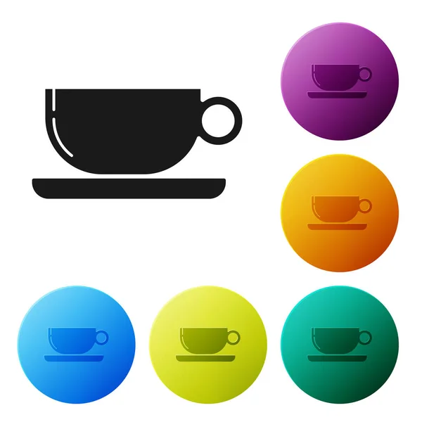 Tasse à café noire icône plate isolée sur fond blanc. Une tasse de thé. Café chaud. Définir des icônes boutons de cercle colorés. Illustration vectorielle — Image vectorielle