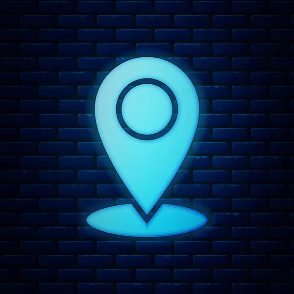 Gloeiende neon kaart PIN pictogram geïsoleerd op bakstenen muur achtergrond. Navigatie, pointer, locatie, kaart, GPS, richting, plaats, kompas, contact, zoek concept. Vector illustratie — Stockvector