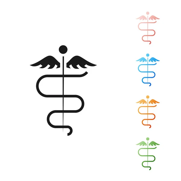Icono de símbolo médico de serpiente Caduceus negro aislado sobre fondo blanco. Medicina y salud. Emblema para farmacia o medicina, farmacia. Establecer iconos de colores. Ilustración vectorial — Vector de stock