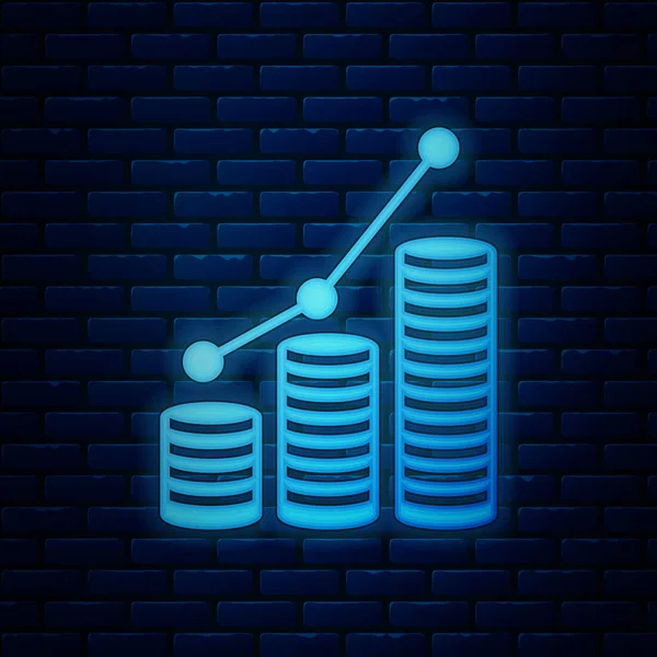 Świecące Neon wykres kołowy Infografika i monety ikona izolowane na tle muru ceglanego. Diagram diagramu wykresu. Ilustracja wektorowa — Wektor stockowy