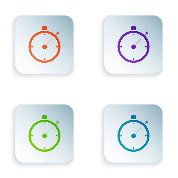Ikona pro barevný Stopwatch je izolovaná na bílém pozadí. Symbol časového časovače Chronometrické znamení. Ikony se nastavují v barevných čtvercových tlačítkách. Vektorová ilustrace — Stockový vektor