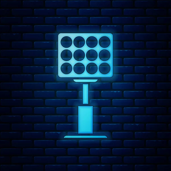 Brillante neón Icono de luces de estadio brillante aislado en el fondo de la pared de ladrillo. Foco en un campo de fútbol. Proyector, proyector de luz. Ilustración vectorial — Archivo Imágenes Vectoriales