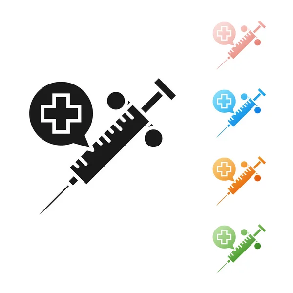 Zwarte medische spuit met naald pictogram geïsoleerd op witte achtergrond. Vaccinatie, injectie, vaccin, insuline concept. Stel pictogrammen kleurrijk. Vector illustratie — Stockvector