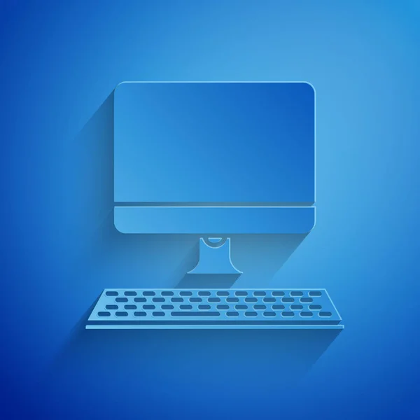 Cięcie papieru monitor komputerowy z ikoną klawiatury izolowanym na niebieskim tle. Oznaczenie komponentu PC. Styl Artystyczny papieru. Ilustracja wektorowa — Wektor stockowy