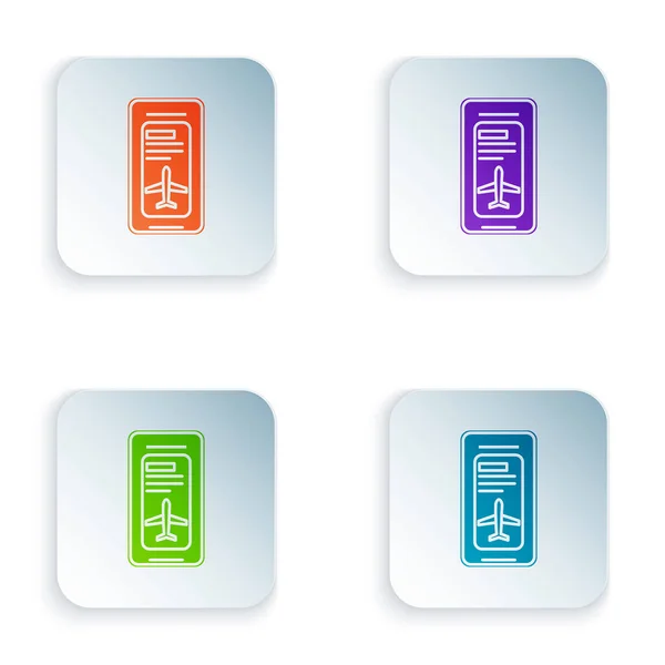 Farbiges Smartphone mit elektronischem Bordkartensymbol auf weißem Hintergrund. Handyticket für das Passagierflugzeug für Web und App. setzen Sie Symbole in bunten quadratischen Taste. Vektorillustration — Stockvektor