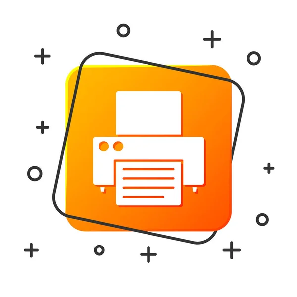 Ícone de impressora branca isolado no fundo branco. Botão quadrado laranja. Ilustração vetorial —  Vetores de Stock