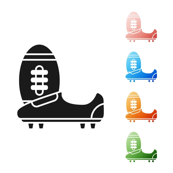 Sepak bola hitam atau sepatu sepak bola dengan ikon paku terisolasi pada latar belakang putih. Sepatu football dan bola Amerika. Mengatur ikon penuh warna. Ilustrasi Vektor - Stok Vektor
