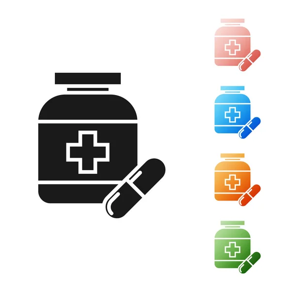 Zwarte geneeskunde fles en pillen pictogram geïsoleerd op witte achtergrond. Fles pil teken. Apotheek ontwerp. Stel pictogrammen kleurrijk. Vector illustratie — Stockvector