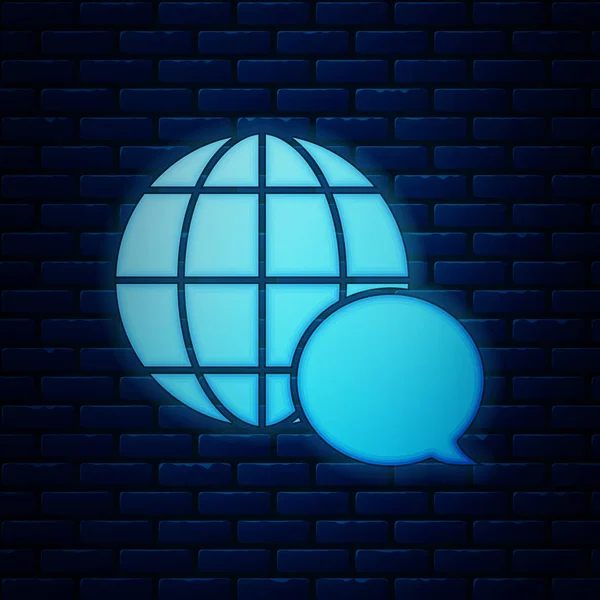 Mapa del mundo de neón brillante hecho de icono de la burbuja del habla aislado en el fondo de la pared de ladrillo. Esquema de comunicación global en la Tierra. Ilustración vectorial — Archivo Imágenes Vectoriales