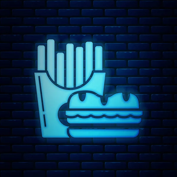 Burger au néon brillant et frites dans une boîte de carton icône isolée sur fond de mur de briques. Hamburger, burger, sandwich cheeseburger. Menu de restauration rapide. Illustration vectorielle — Image vectorielle