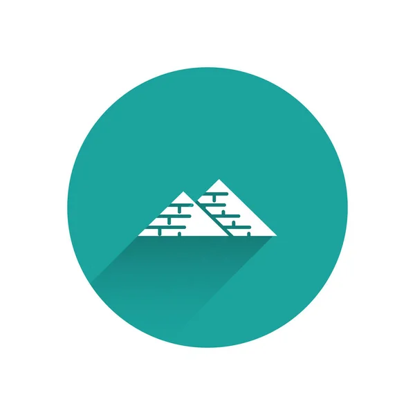 Ícone de pirâmides do Egito branco isolado com sombra longa. Símbolo do antigo Egipto. Botão de círculo verde. Ilustração vetorial —  Vetores de Stock