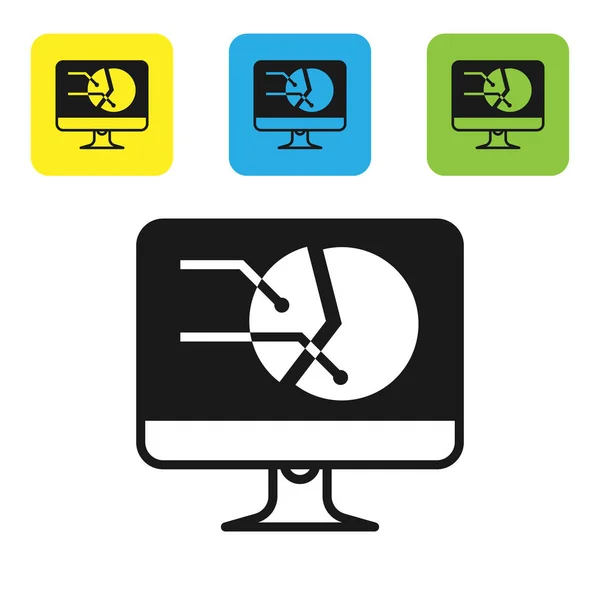 Schwarzer Computermonitor mit Diagrammdiagramm-Symbol auf weißem Hintergrund. Textdatei-Symbol melden. Buchhaltungszeichen. Prüfung, Analyse, Planung. setzen Symbole bunte quadratische Tasten. Vektorillustration — Stockvektor