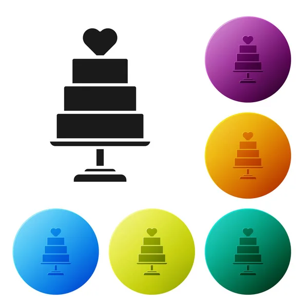 Pastel de boda negro con icono del corazón aislado sobre fondo blanco. Establecer iconos botones círculo de colores. Ilustración vectorial — Vector de stock