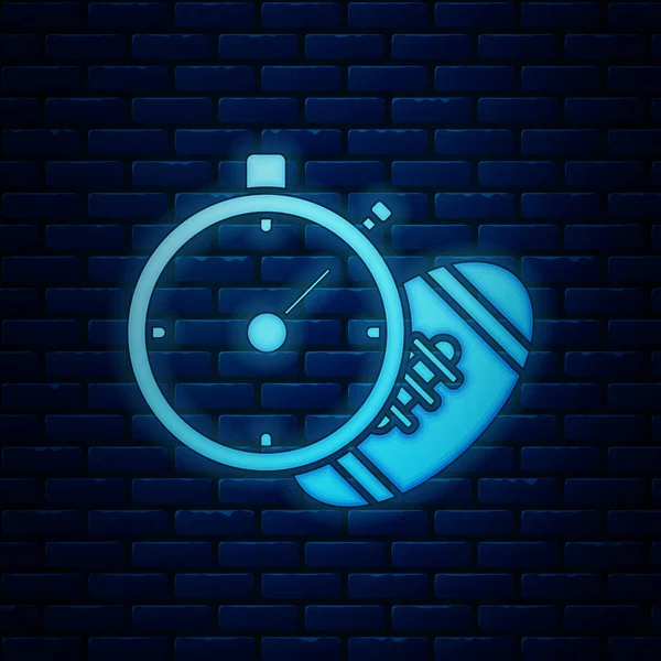 发光的霓虹灯美式足球和秒表图标孤立在砖墙背景。一套运动器材。矢量插图 — 图库矢量图片