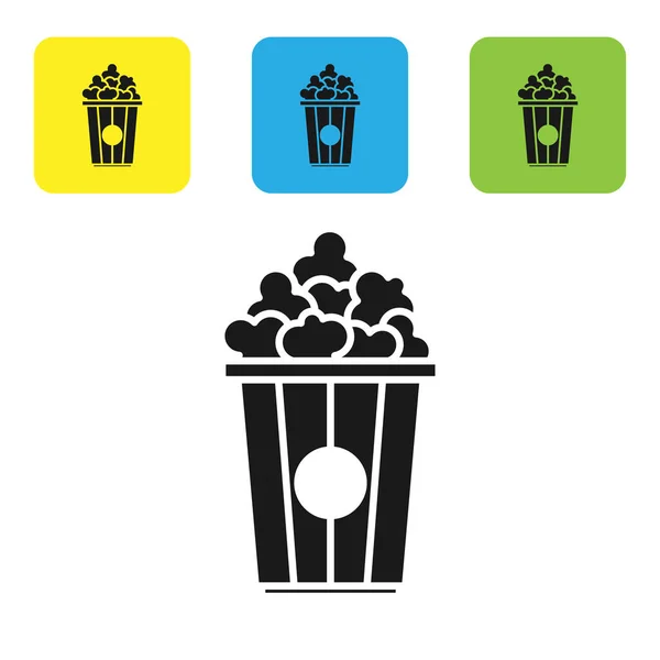 Schwarzes Popcorn in Pappschachtel-Icon isoliert auf weißem Hintergrund. Popcorn-Eimerbox vorhanden. setzen Symbole bunte quadratische Tasten. Vektorillustration — Stockvektor