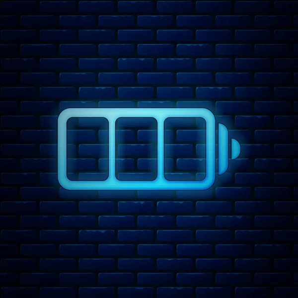 Gloeiende neon batterij laadniveau indicator pictogram geïsoleerd op bakstenen muur achtergrond. Vector illustratie — Stockvector