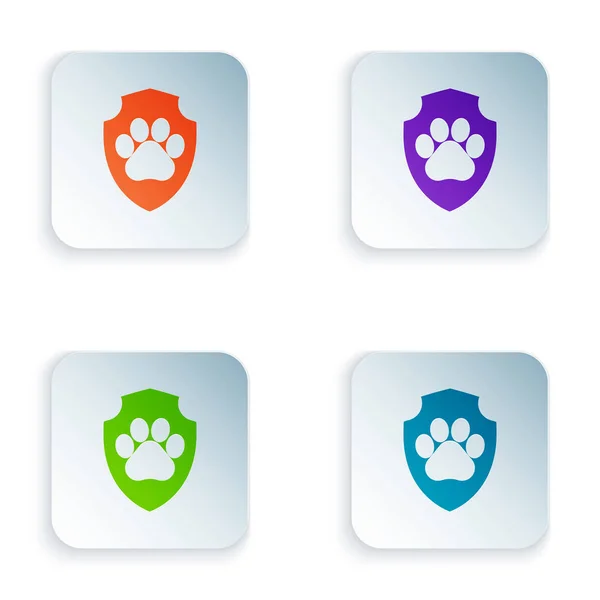Color Animal health insurance icon isolated on white background. Pet protection icon. Dog or cat paw print. Set icons in colorful square buttons. Vector Illustration — Stock Vector