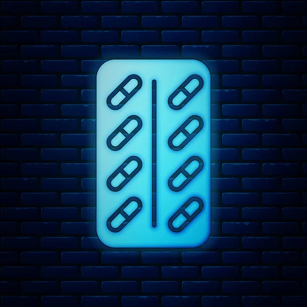Parlayan Neon Pills blister paketi simgesi tuğla duvar arka planda izole. Tablet için tıbbi ilaç paketi: vitamin, antibiyotik, aspirin. Vektör Illustration — Stok Vektör