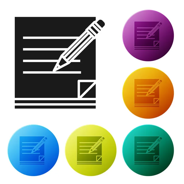 Svart tom anteckningsbok och penna med suddgummiikon isolerad på vit bakgrund. Papper och penna. Ange ikoner färgglada cirkel knappar. Vektor illustration — Stock vektor