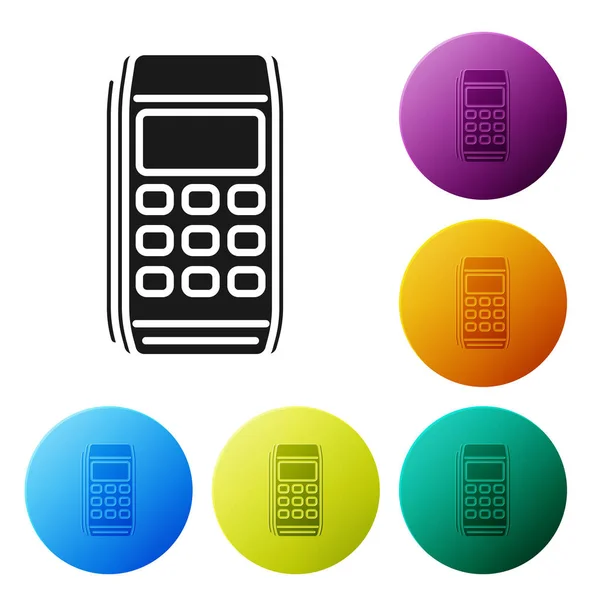 Zwarte POS-Terminal pictogram geïsoleerd op witte achtergrond. Betalingsterminal transactie. Betaal met een kaart. Set pictogrammen kleurrijke cirkel knoppen. Vector illustratie — Stockvector